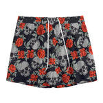 Red Rose Grey Skull Pattern Print Mesh Shorts