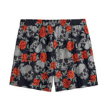 Red Rose Grey Skull Pattern Print Mesh Shorts