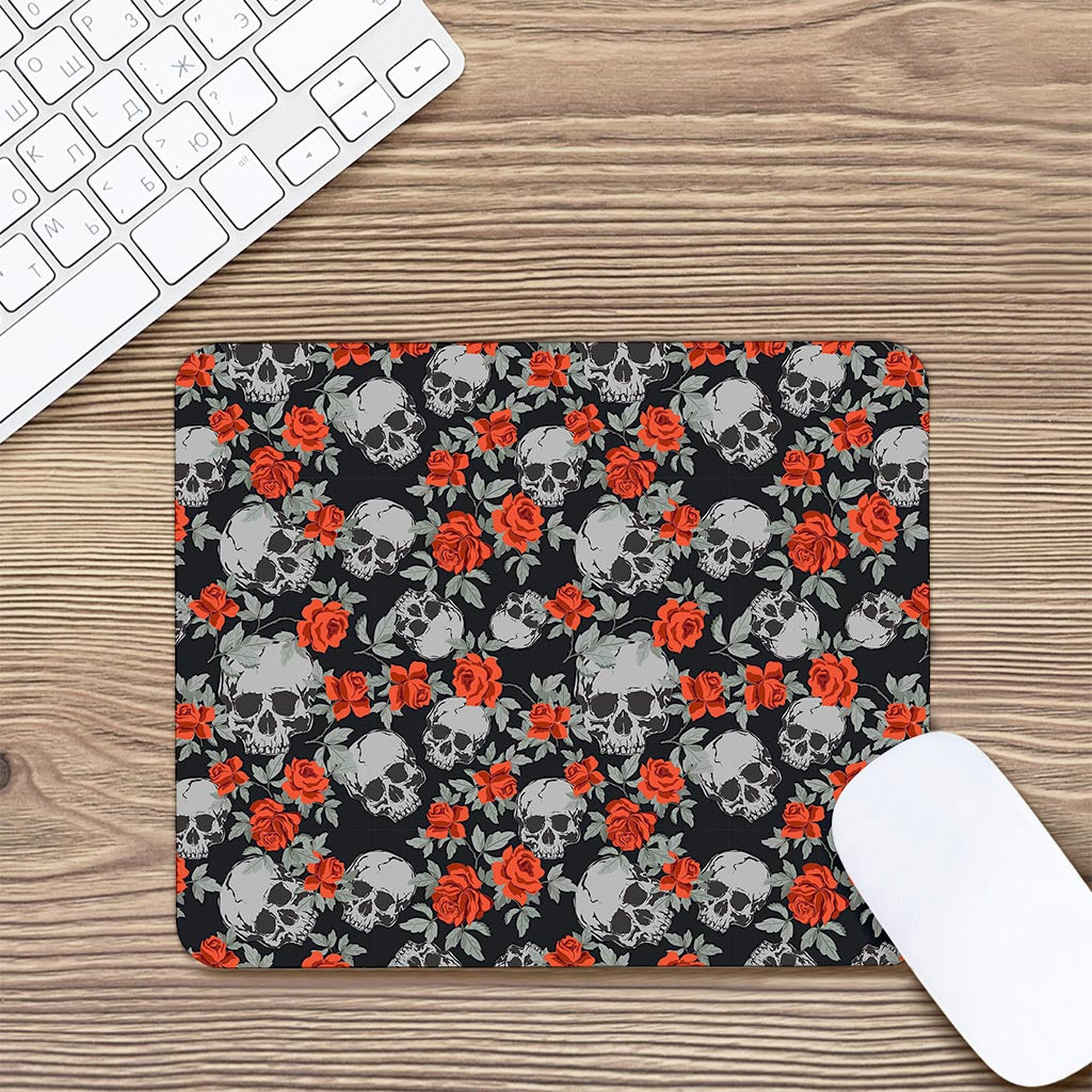 Red Rose Grey Skull Pattern Print Mouse Pad