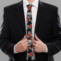 Red Rose Grey Skull Pattern Print Necktie