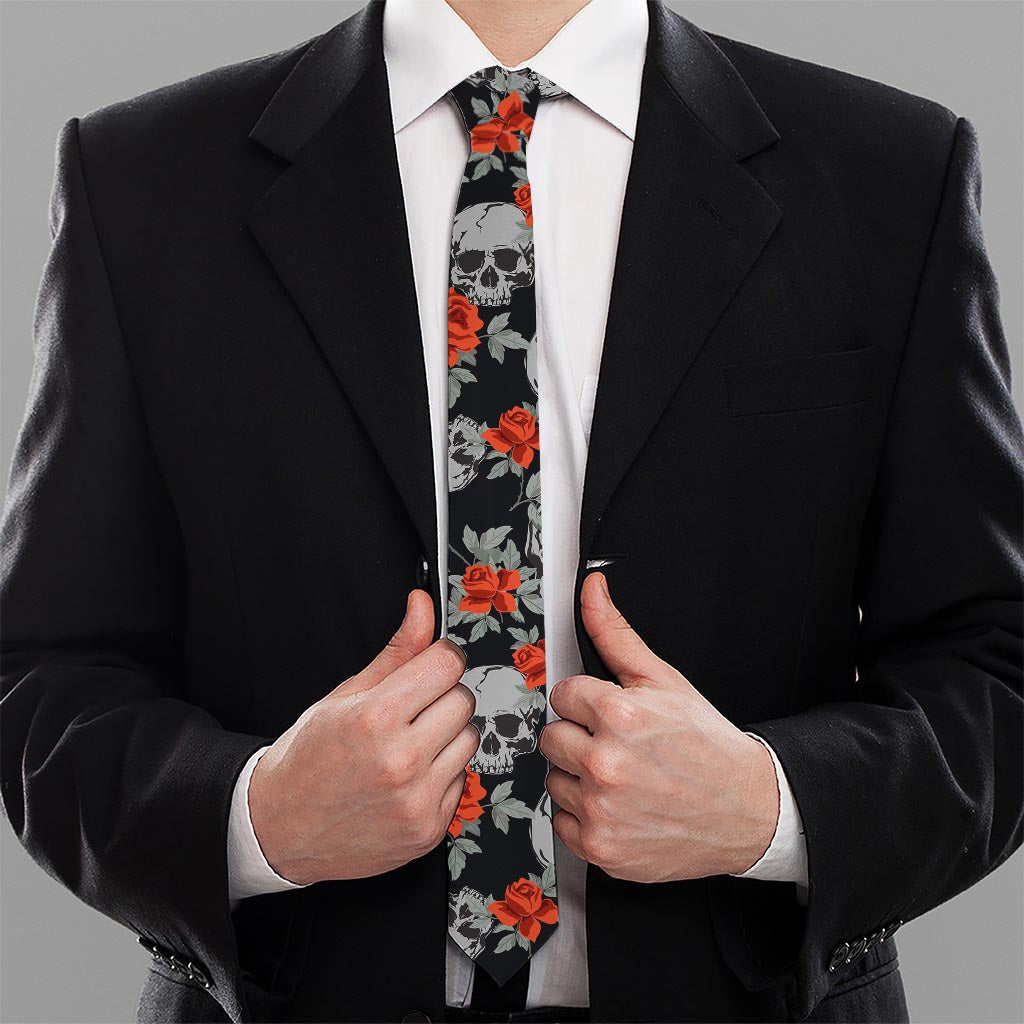 Red Rose Grey Skull Pattern Print Necktie