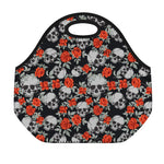 Red Rose Grey Skull Pattern Print Neoprene Lunch Bag