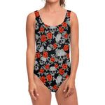 Red Rose Grey Skull Pattern Print One Piece Swimsuit