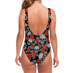 Red Rose Grey Skull Pattern Print One Piece Swimsuit