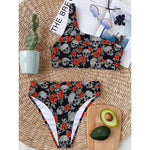 Red Rose Grey Skull Pattern Print One Shoulder Bikini Top