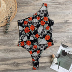 Red Rose Grey Skull Pattern Print One Shoulder Bodysuit