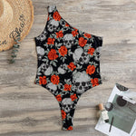Red Rose Grey Skull Pattern Print One Shoulder Bodysuit
