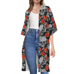 Red Rose Grey Skull Pattern Print Open Front Beach Cover Up