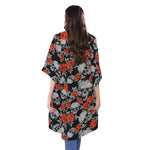 Red Rose Grey Skull Pattern Print Open Front Beach Cover Up