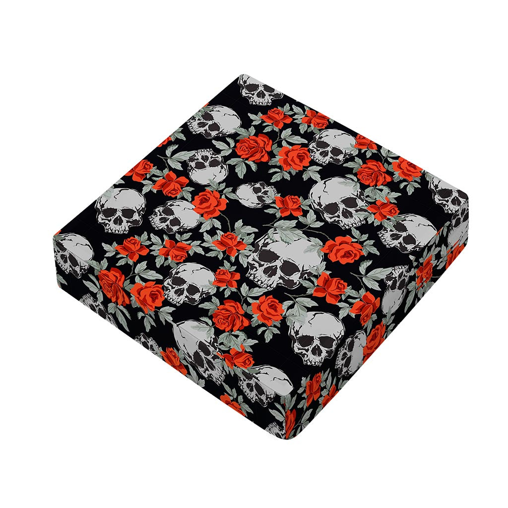 Red Rose Grey Skull Pattern Print Outdoor Seat Cushion Cover