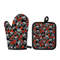 Red Rose Grey Skull Pattern Print Oven Mitt And Pot Holder Set
