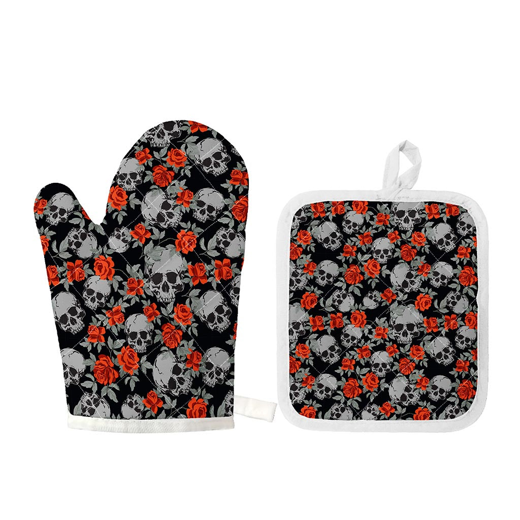 Red Rose Grey Skull Pattern Print Oven Mitt And Pot Holder Set