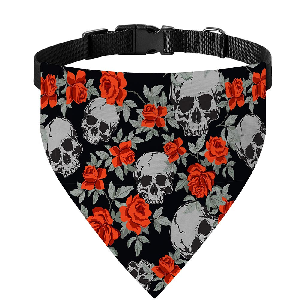 Red Rose Grey Skull Pattern Print Over The Collar Dog Bandana