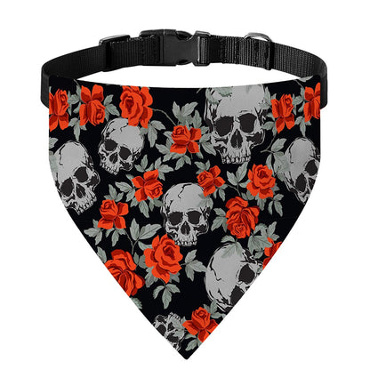 Red Rose Grey Skull Pattern Print Over The Collar Dog Bandana
