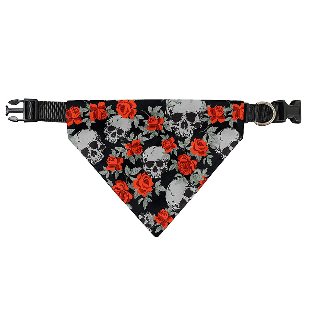 Red Rose Grey Skull Pattern Print Over The Collar Dog Bandana