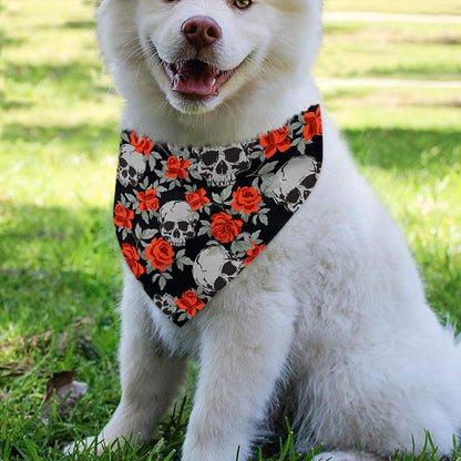 Red Rose Grey Skull Pattern Print Over The Collar Dog Bandana
