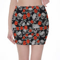 Red Rose Grey Skull Pattern Print Pencil Mini Skirt