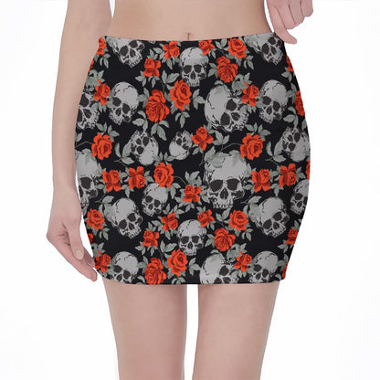 Red Rose Grey Skull Pattern Print Pencil Mini Skirt