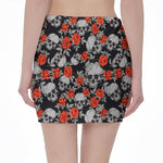 Red Rose Grey Skull Pattern Print Pencil Mini Skirt