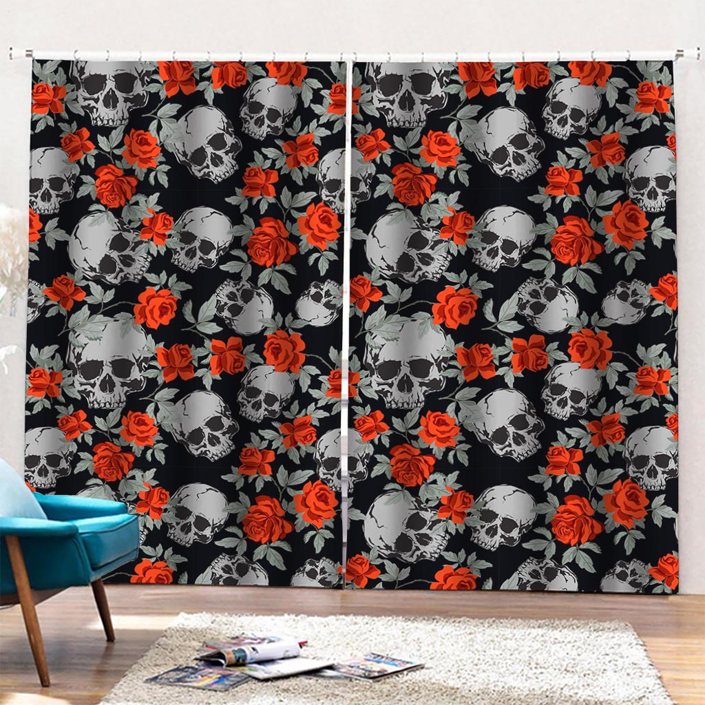 Red Rose Grey Skull Pattern Print Pencil Pleat Curtains