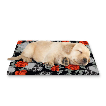 Red Rose Grey Skull Pattern Print Pet Cooling Mat Cover