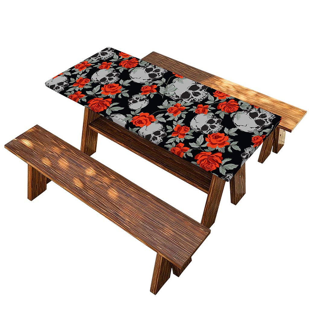 Red Rose Grey Skull Pattern Print Picnic Table Cover