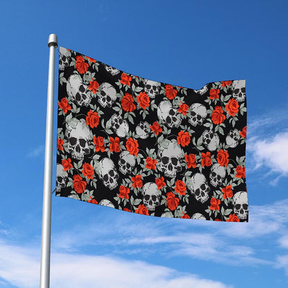 Red Rose Grey Skull Pattern Print Polyester Flag