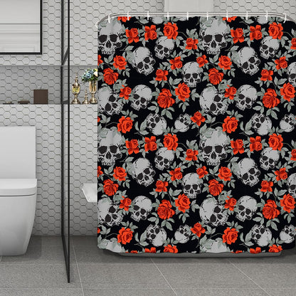 Red Rose Grey Skull Pattern Print Polyester Shower Curtain