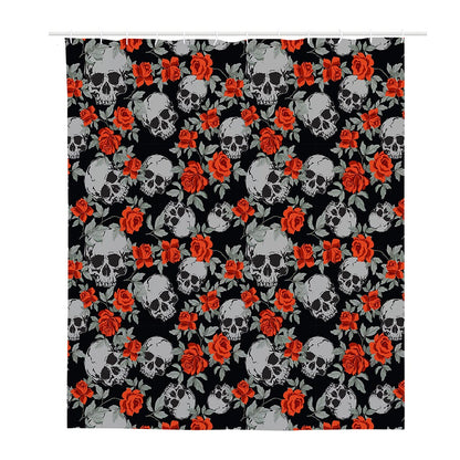 Red Rose Grey Skull Pattern Print Polyester Shower Curtain