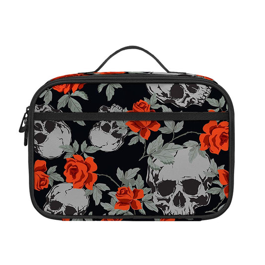 Red Rose Grey Skull Pattern Print Portable Lunch Bag