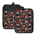 Red Rose Grey Skull Pattern Print Pot Holders With Pocket