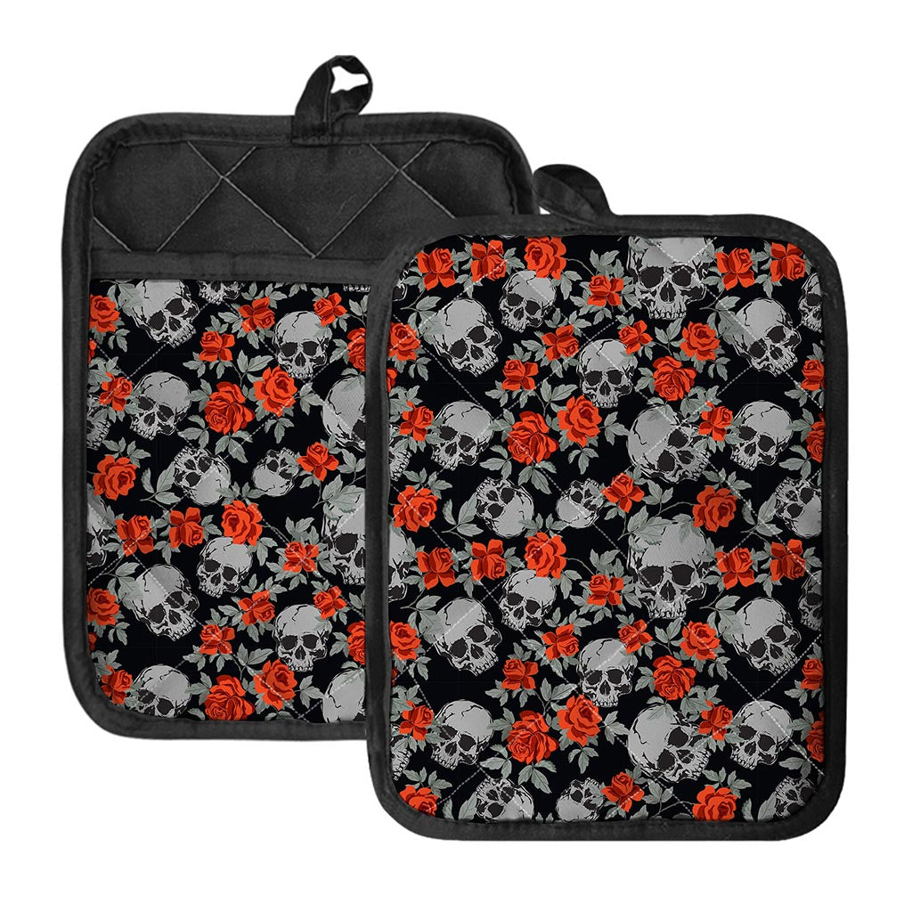Red Rose Grey Skull Pattern Print Pot Holders With Pocket