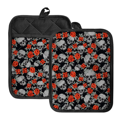 Red Rose Grey Skull Pattern Print Pot Holders With Pocket