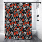 Red Rose Grey Skull Pattern Print Premium Shower Curtain