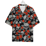 Red Rose Grey Skull Pattern Print Rayon Hawaiian Shirt