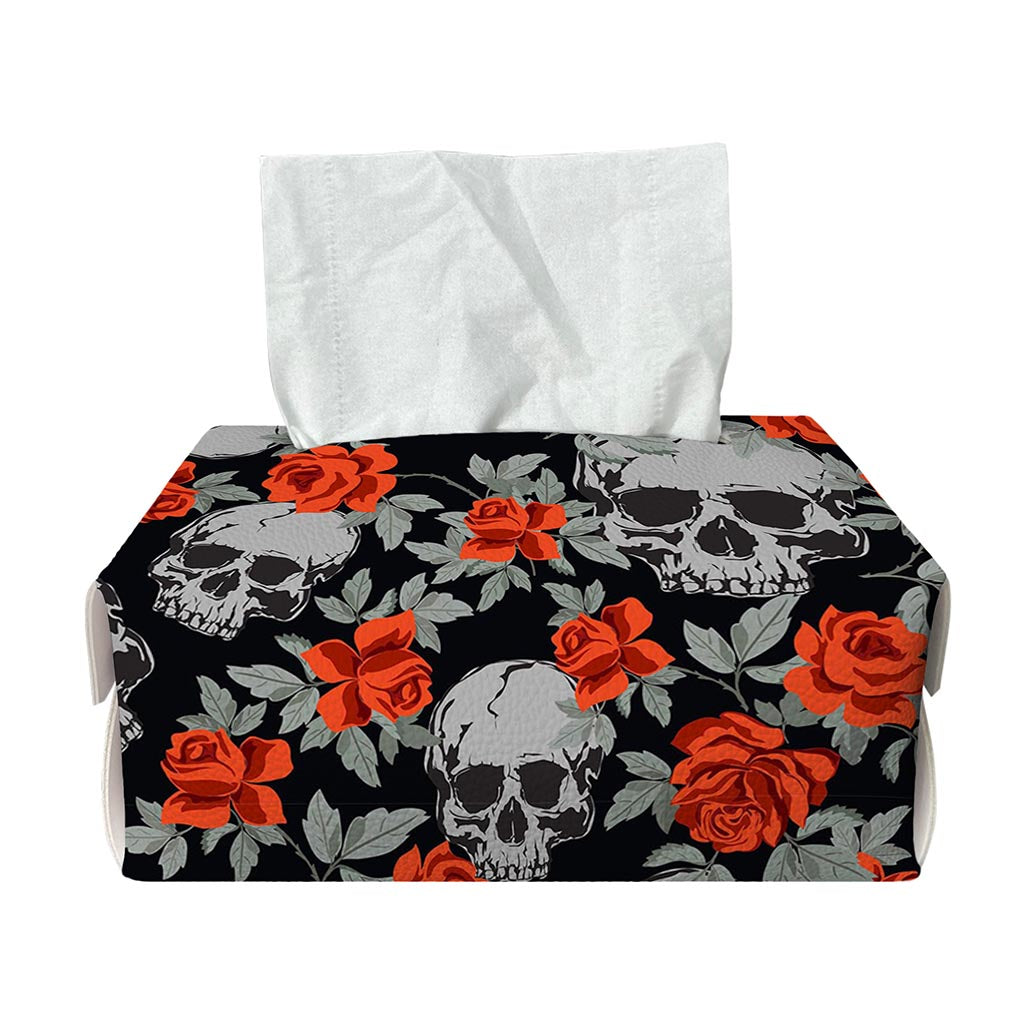 Red Rose Grey Skull Pattern Print Rectangle Tissue Box Cover