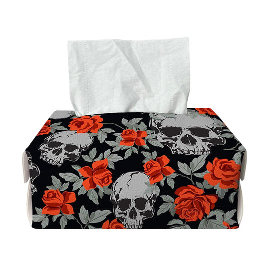 Red Rose Grey Skull Pattern Print Rectangle Tissue Box Cover