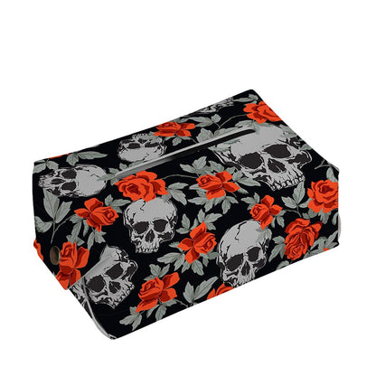 Red Rose Grey Skull Pattern Print Rectangle Tissue Box Cover