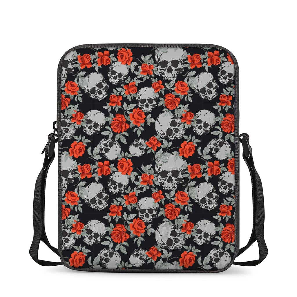Red Rose Grey Skull Pattern Print Rectangular Crossbody Bag