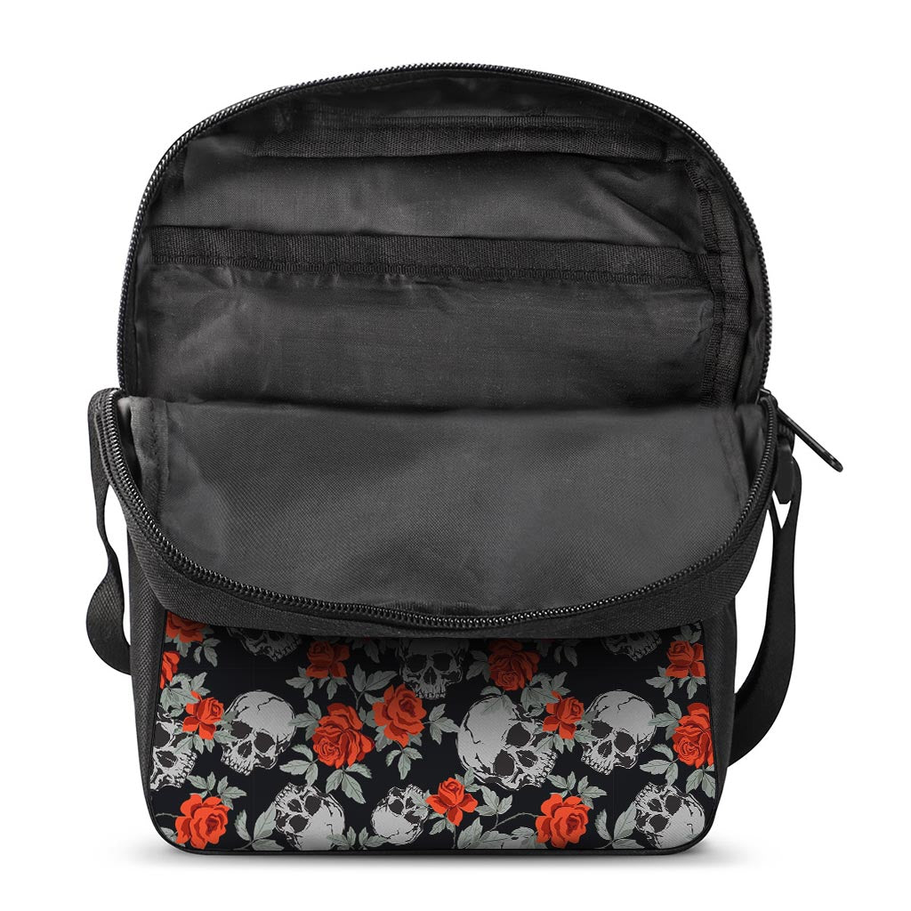 Red Rose Grey Skull Pattern Print Rectangular Crossbody Bag