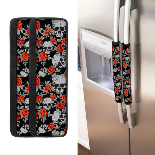 Red Rose Grey Skull Pattern Print Refrigerator Handle Covers