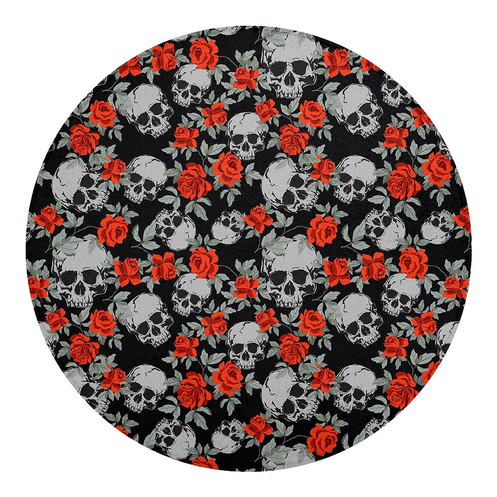 Red Rose Grey Skull Pattern Print Round Blanket