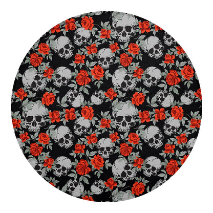 Red Rose Grey Skull Pattern Print Round Blanket