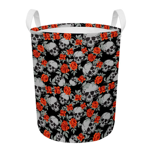 Red Rose Grey Skull Pattern Print Round Laundry Basket