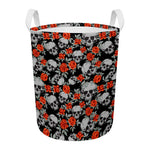 Red Rose Grey Skull Pattern Print Round Laundry Basket
