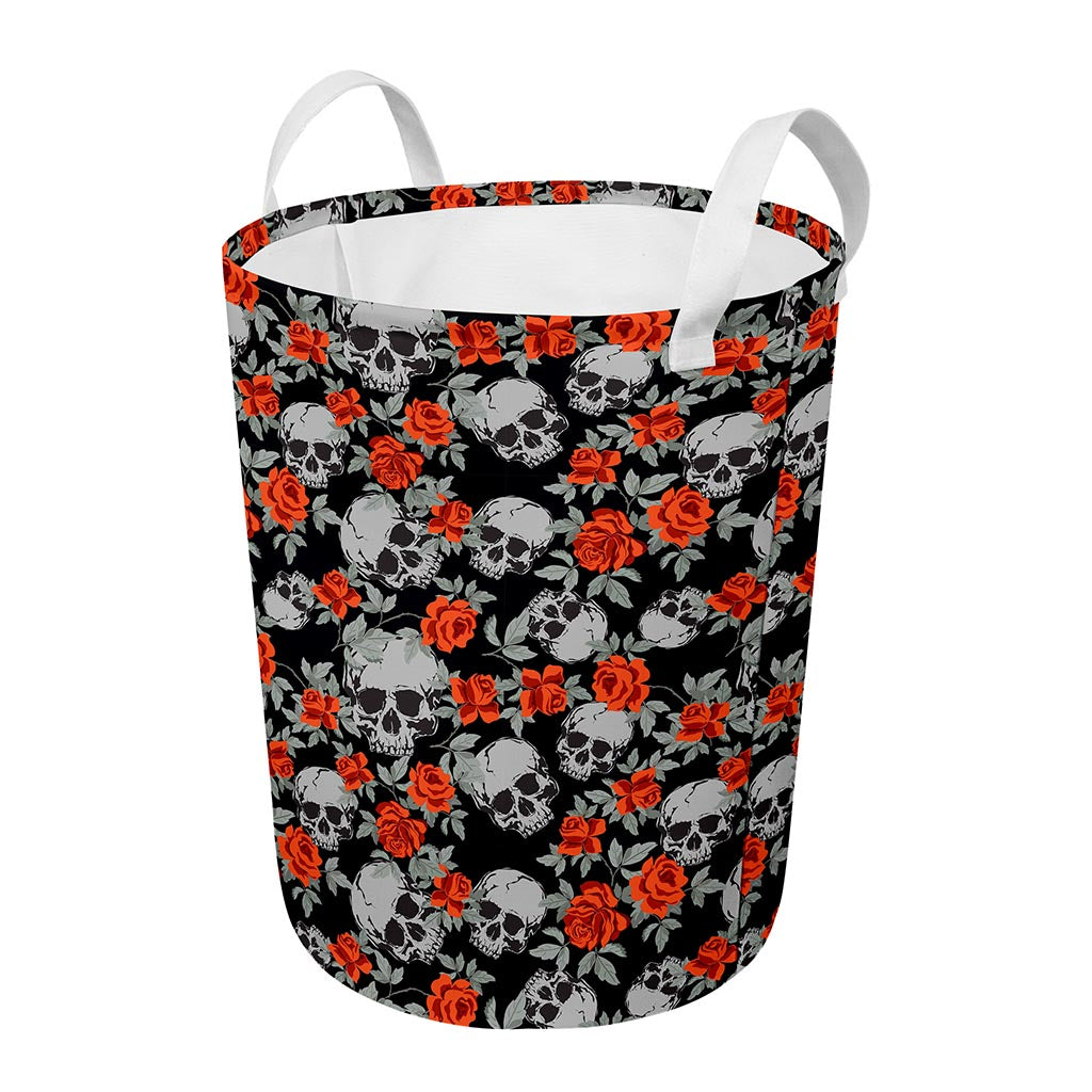 Red Rose Grey Skull Pattern Print Round Laundry Basket