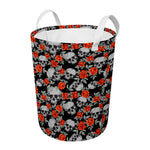 Red Rose Grey Skull Pattern Print Round Laundry Basket