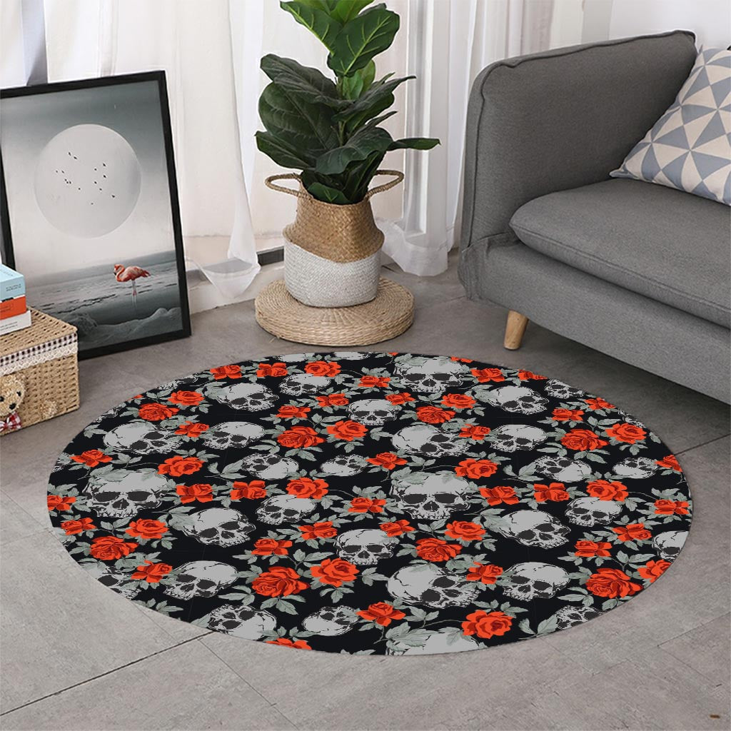Red Rose Grey Skull Pattern Print Round Rug