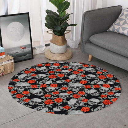 Red Rose Grey Skull Pattern Print Round Rug