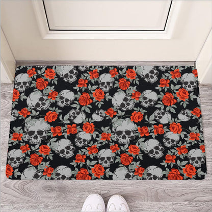 Red Rose Grey Skull Pattern Print Rubber Doormat